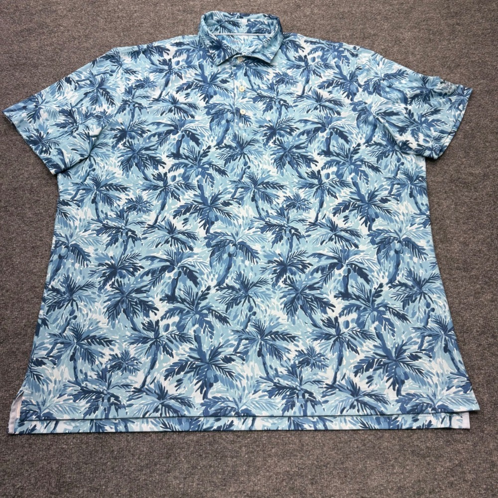 Johnnie-O Mens XXL Blue Palm Tree Performance Golf Polo Shirt Winghaven Logo
